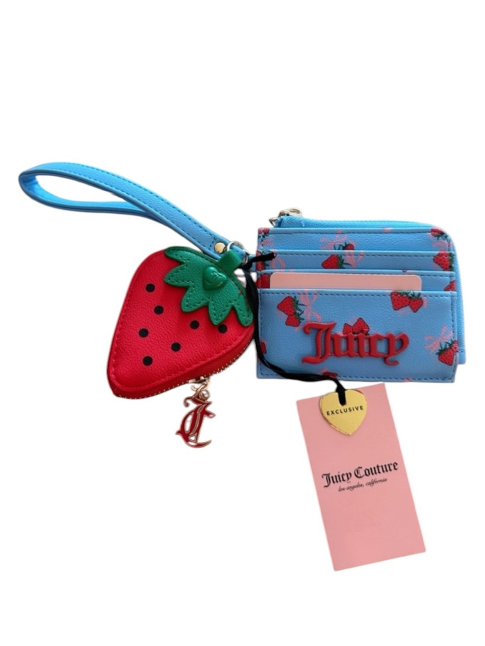 NWT Juicy Couture Blue Strawberry Print Wristlet Card Case with Strawberry Charm